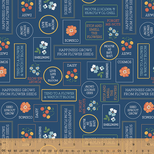 Forget Me Not - Stamps, Navy - 1/2 Yard